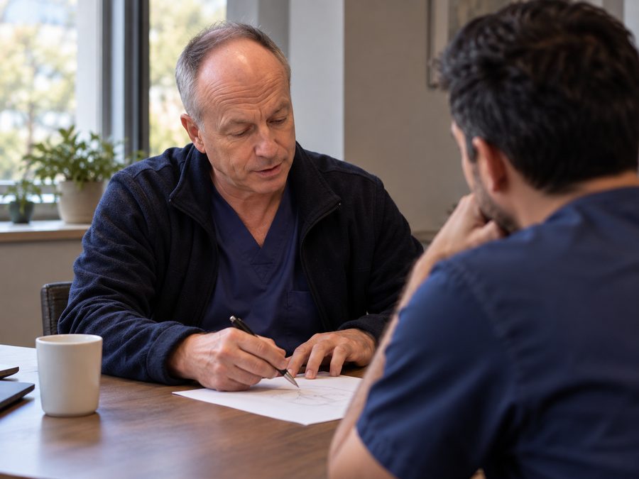 Sketching a diagram on paper to explain it across a table