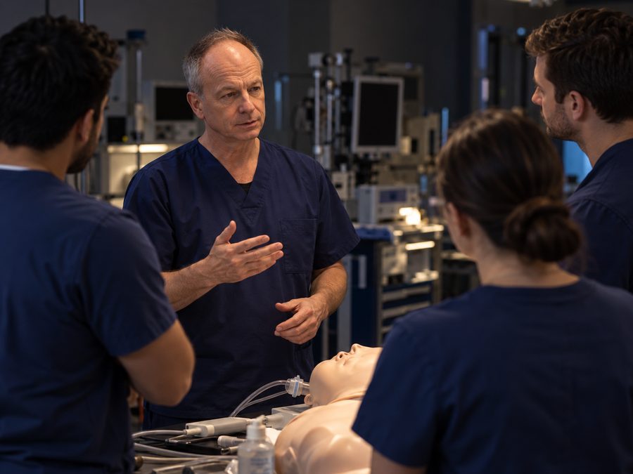 Teaching trainees around a manikin in a clinical skills laboratory