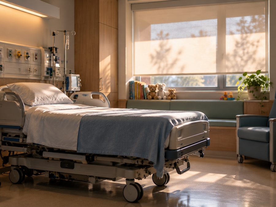 An empty pediatric recovery bay in morning light