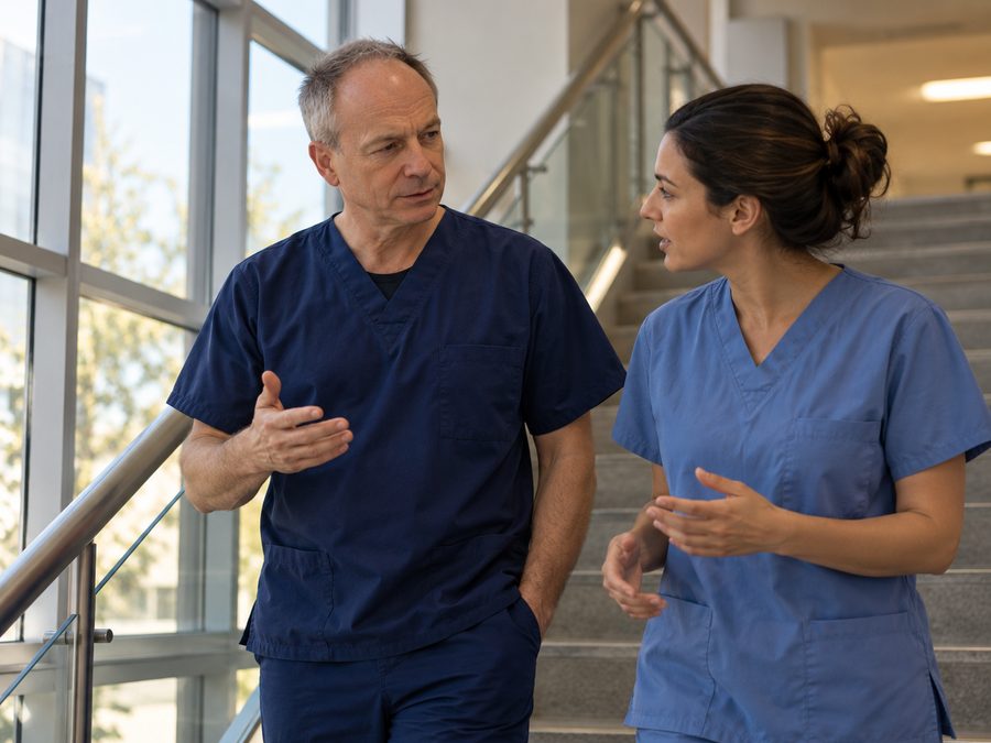 In conversation with a colleague in a hospital stairwell