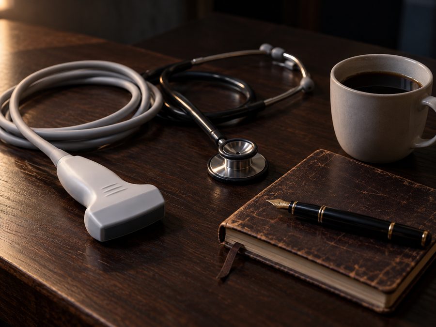 An ultrasound probe, stethoscope, pen and notebook on a dark table