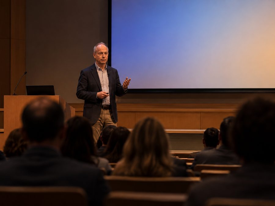 Speaking at the front of a lecture room