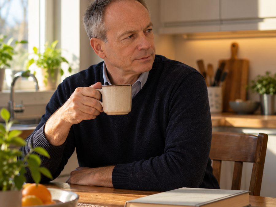 Coffee at a kitchen table early in the morning