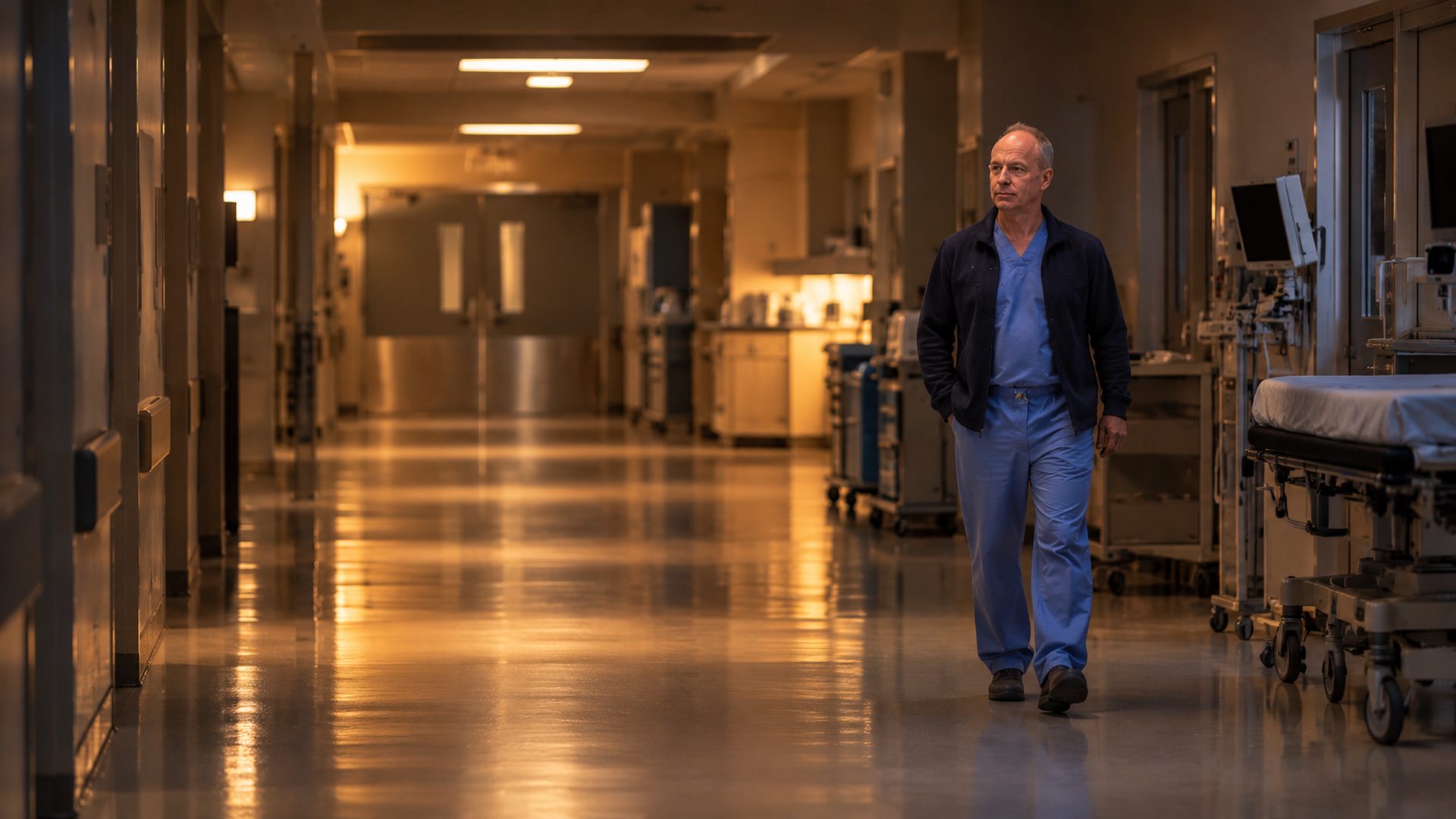 A hospital corridor outside an operating suite before dawn