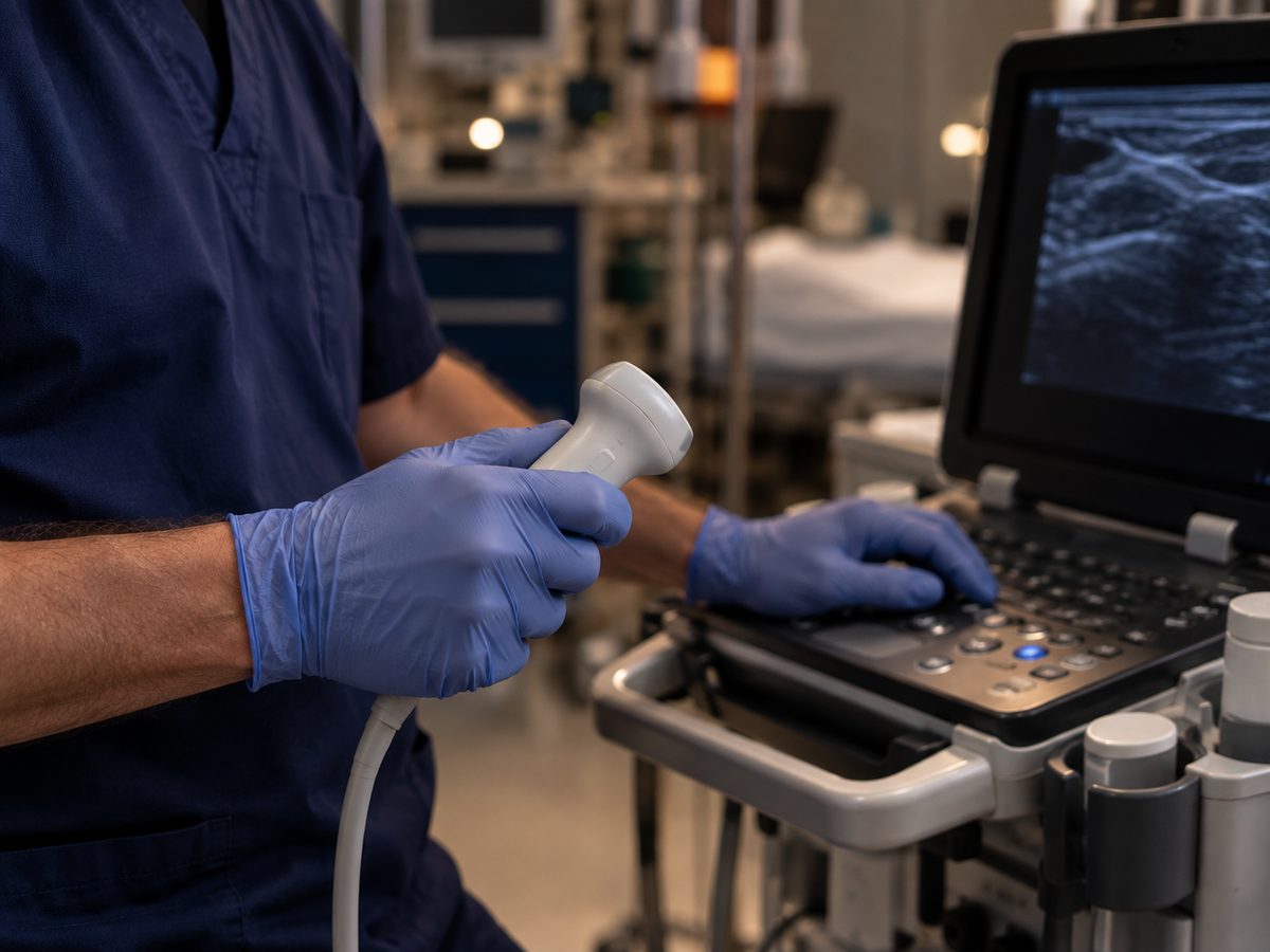 Gloved hands holding an ultrasound probe beside a portable ultrasound machine