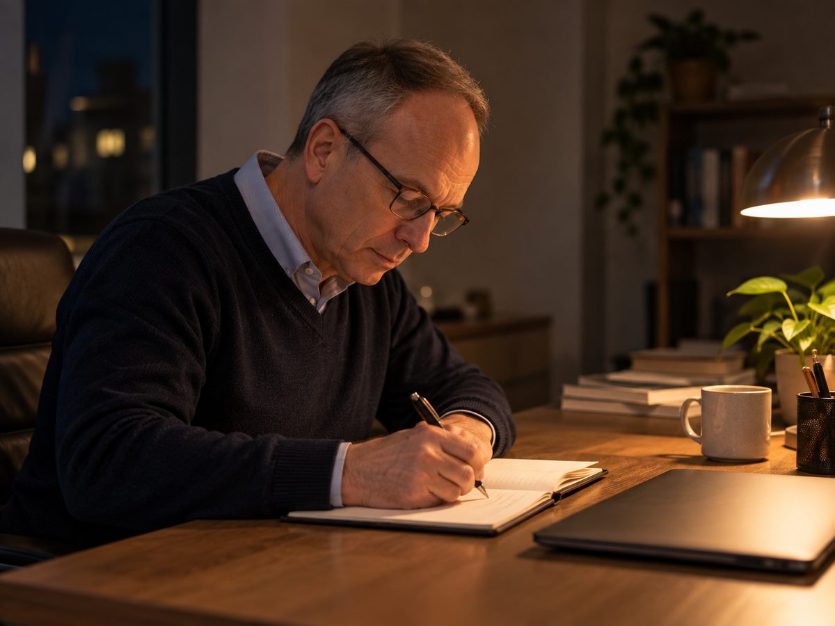Writing longhand in a notebook at a desk in the evening