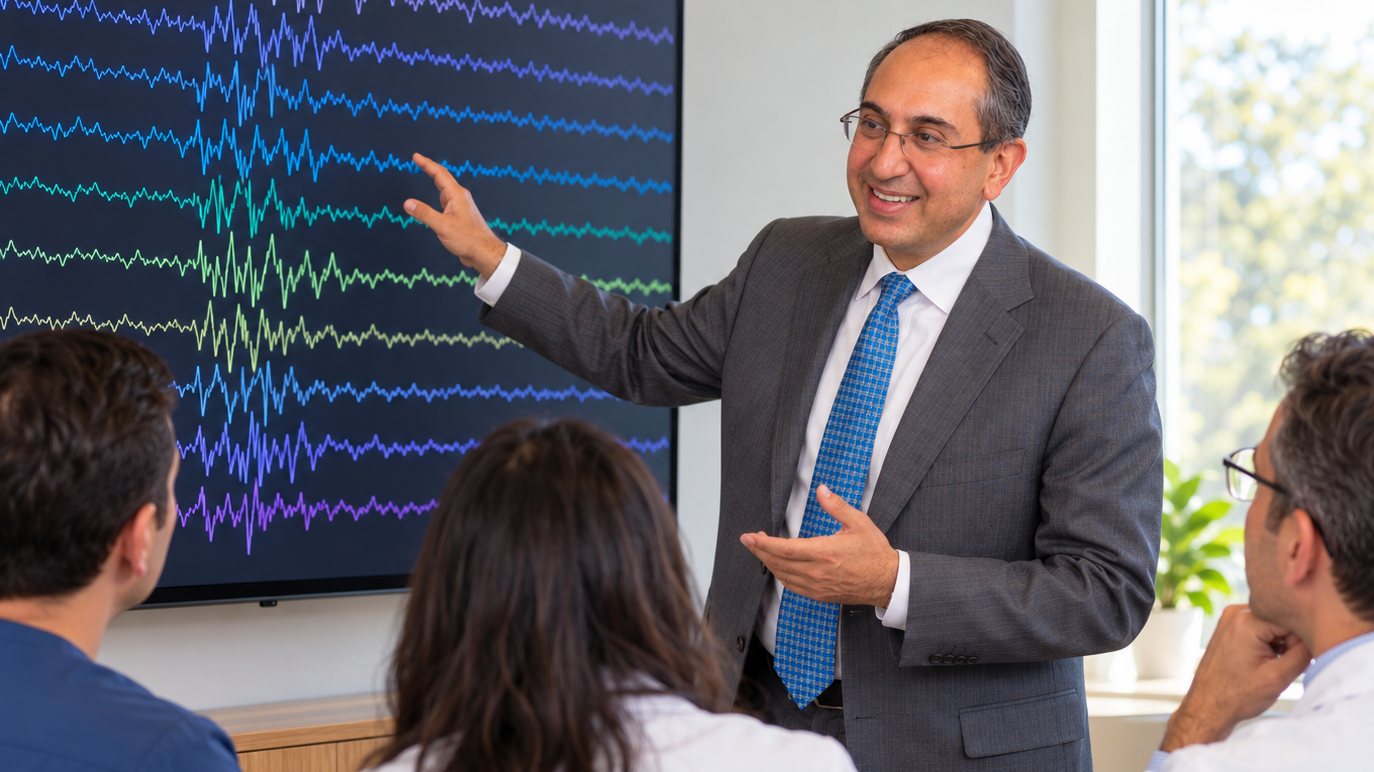 Dr. Mehta talking through an EEG recording with a small group.