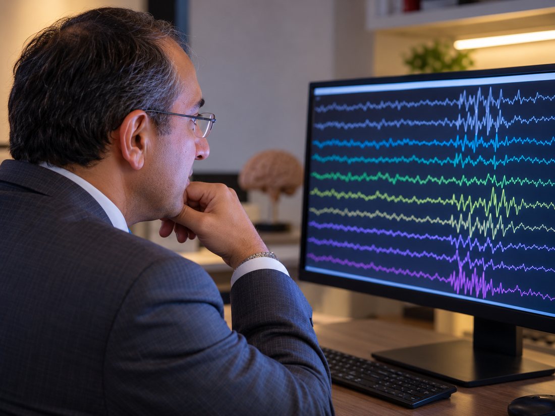 An EEG trace on a monitor in the reading room.