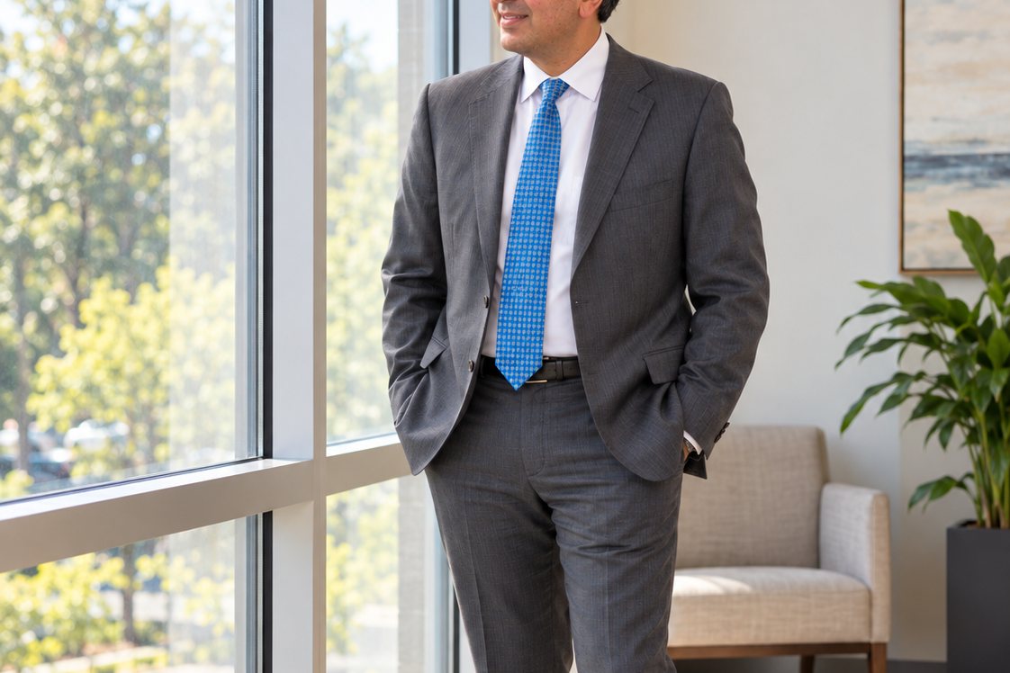 Dr. Mehta standing at a full height window in the center.