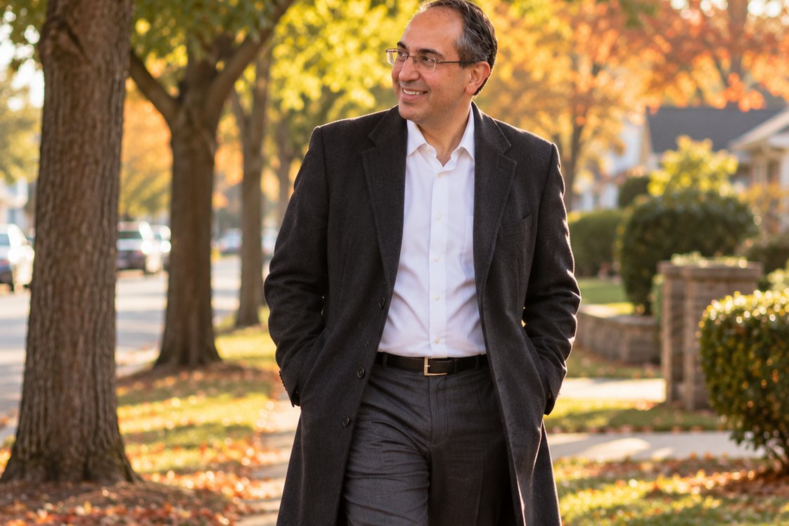 Dr. Mehta walking outside on a tree lined street in autumn.