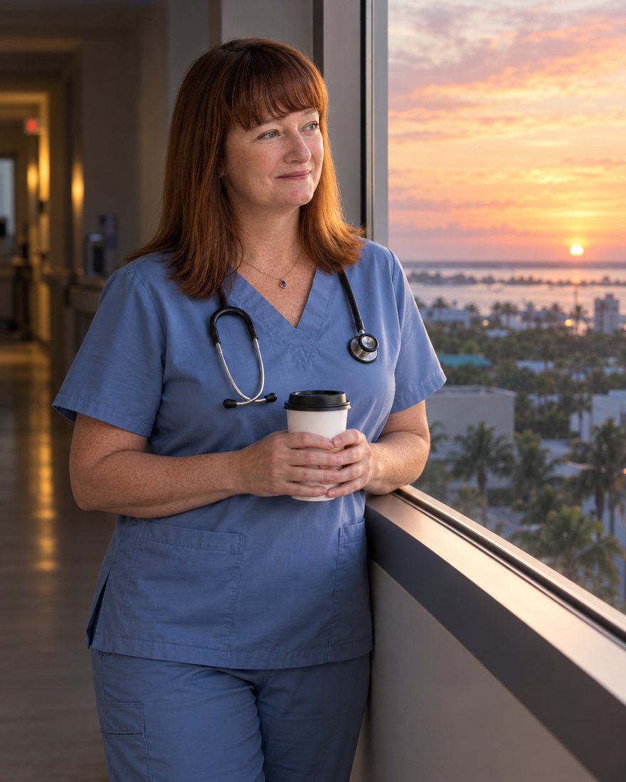 Amy Salanty at a hospital window at dawn after a night shift, AI-generated