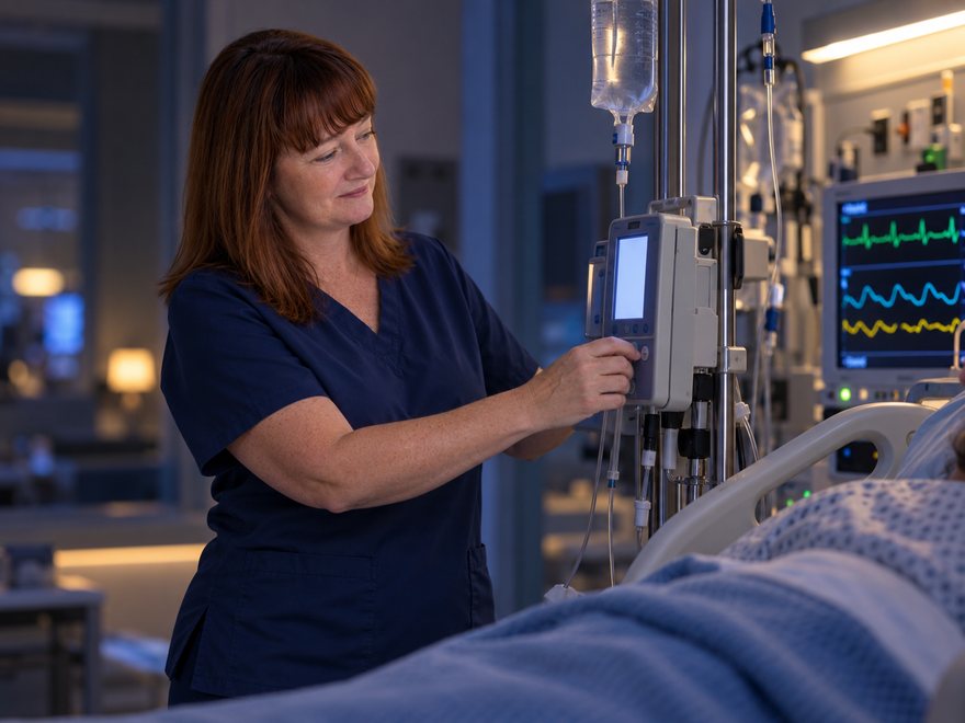 Amy Salanty adjusting an infusion pump in an intensive care unit at night, AI-generated