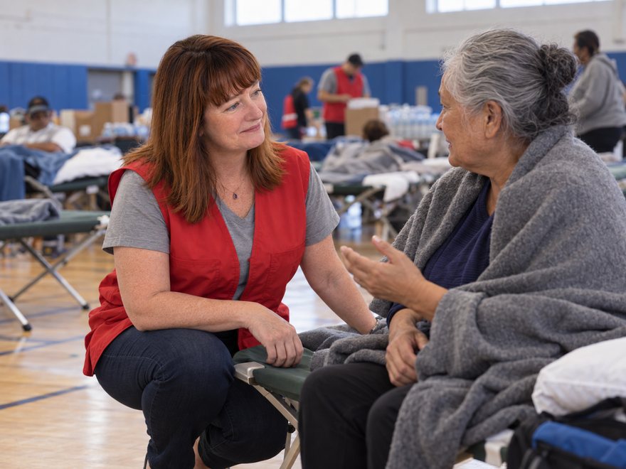 Amy Salanty speaking with an older woman at a disaster shelter, AI-generated