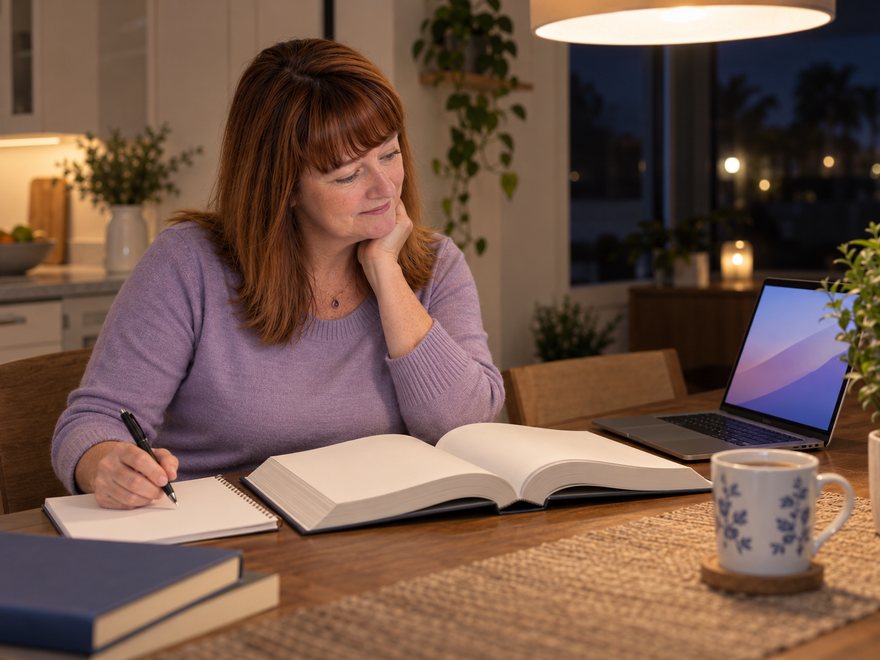 Amy Salanty studying at a kitchen table in the evening, AI-generated