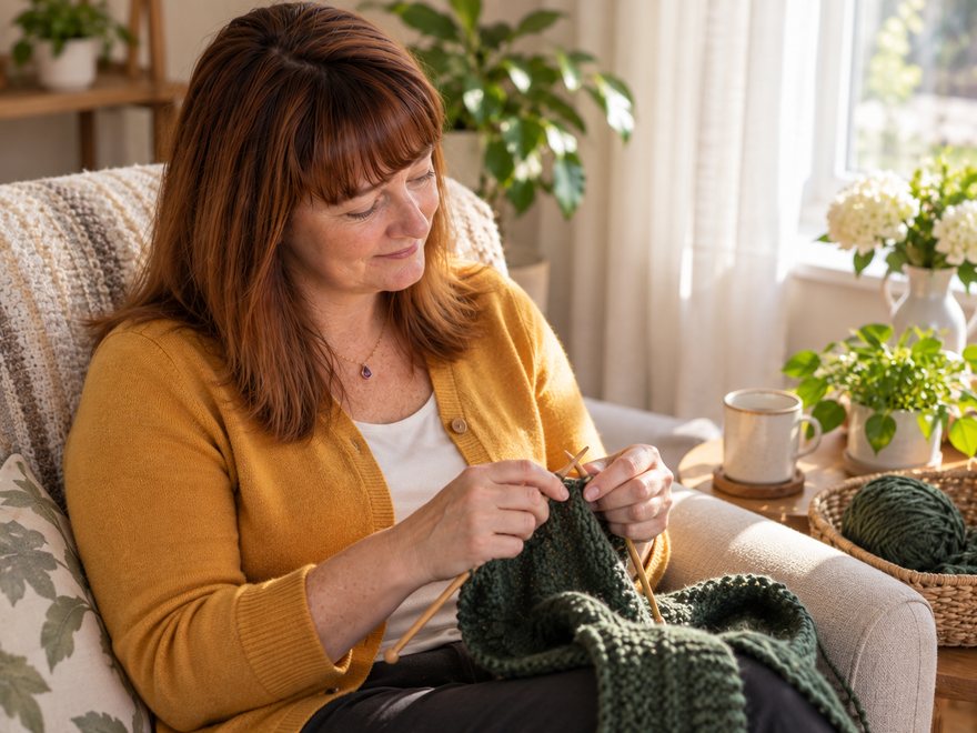 Amy Salanty knitting at home, AI-generated