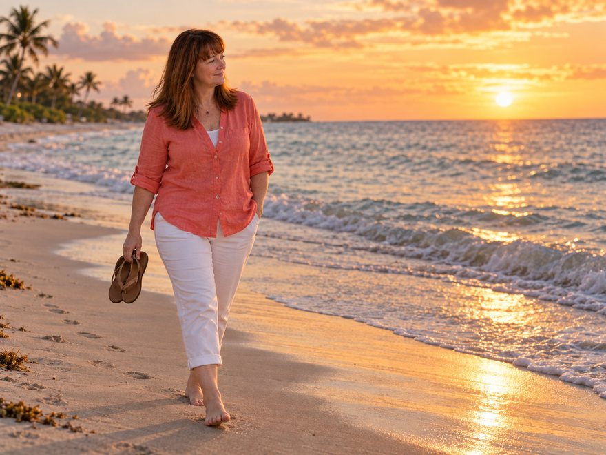 Amy Salanty walking by the ocean at golden hour, AI-generated