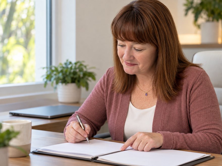 Amy Salanty reviewing a medication list, AI-generated