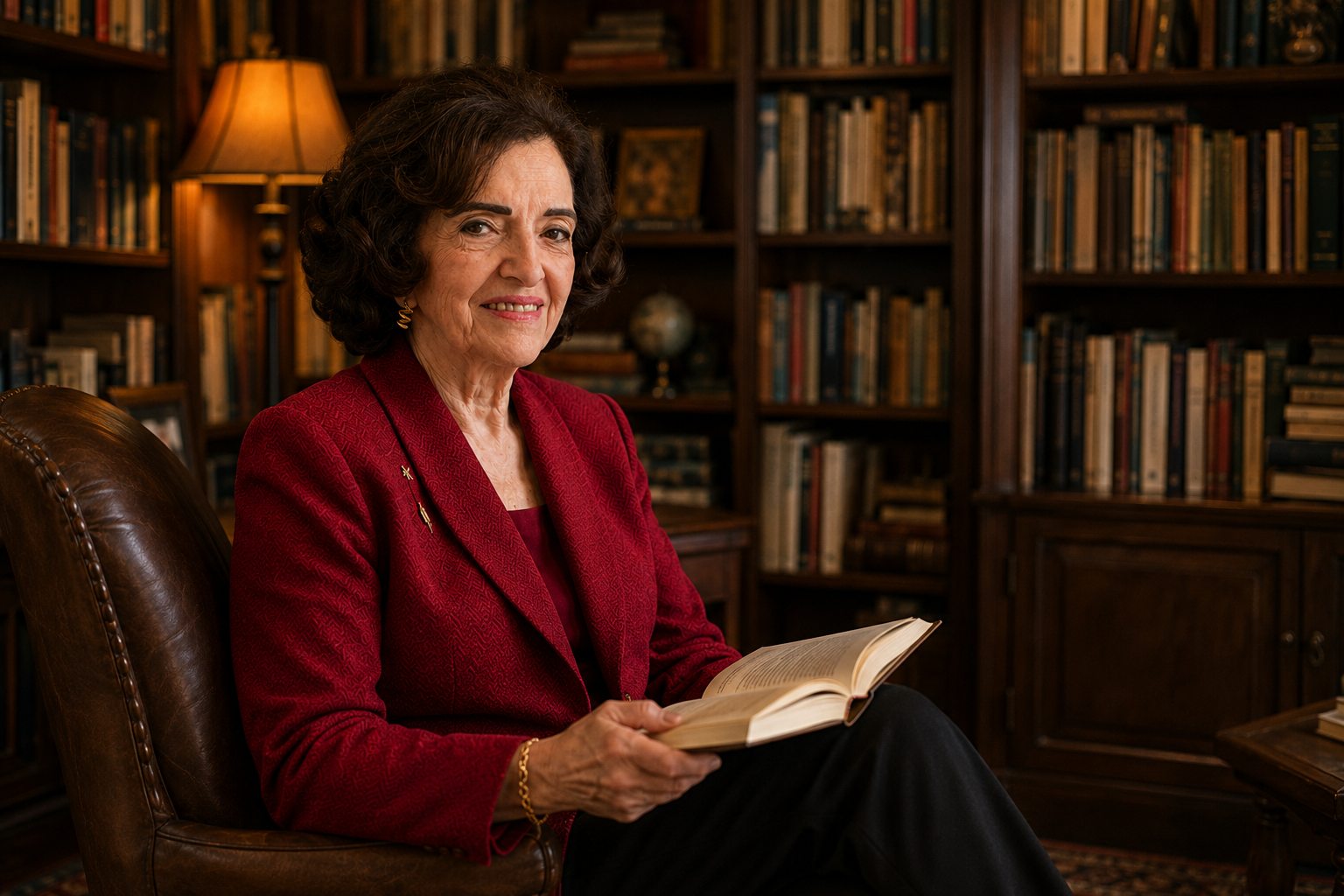 Ana Eugenia Ferreira seated in her library with an open book