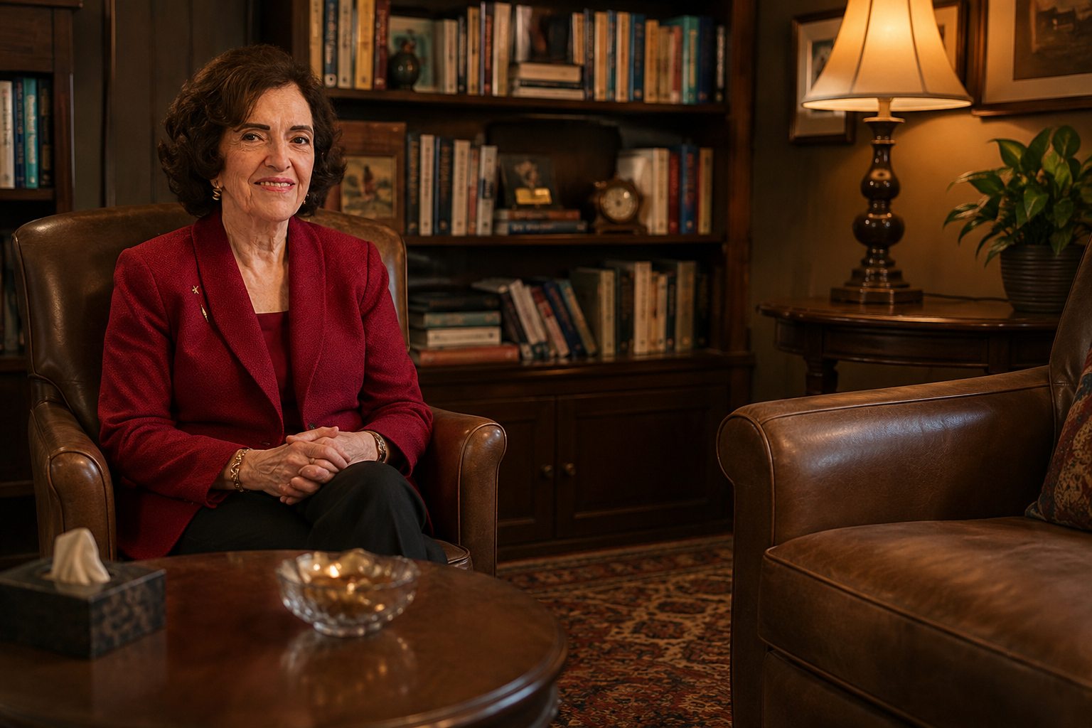Ana Eugenia Ferreira seated in a consulting room, a second armchair angled toward her
