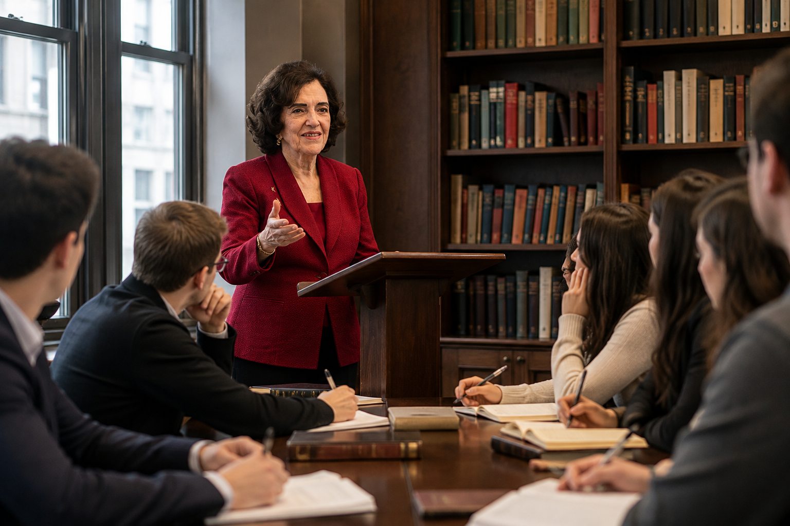 Ana Eugenia Ferreira teaching a university seminar, students taking notes