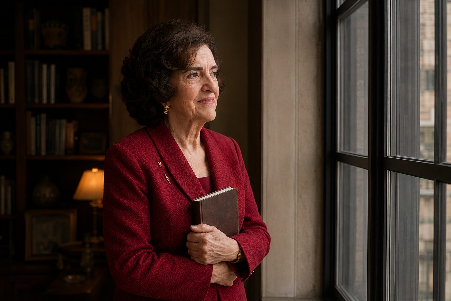 Ana Eugenia Ferreira standing at a window holding a book