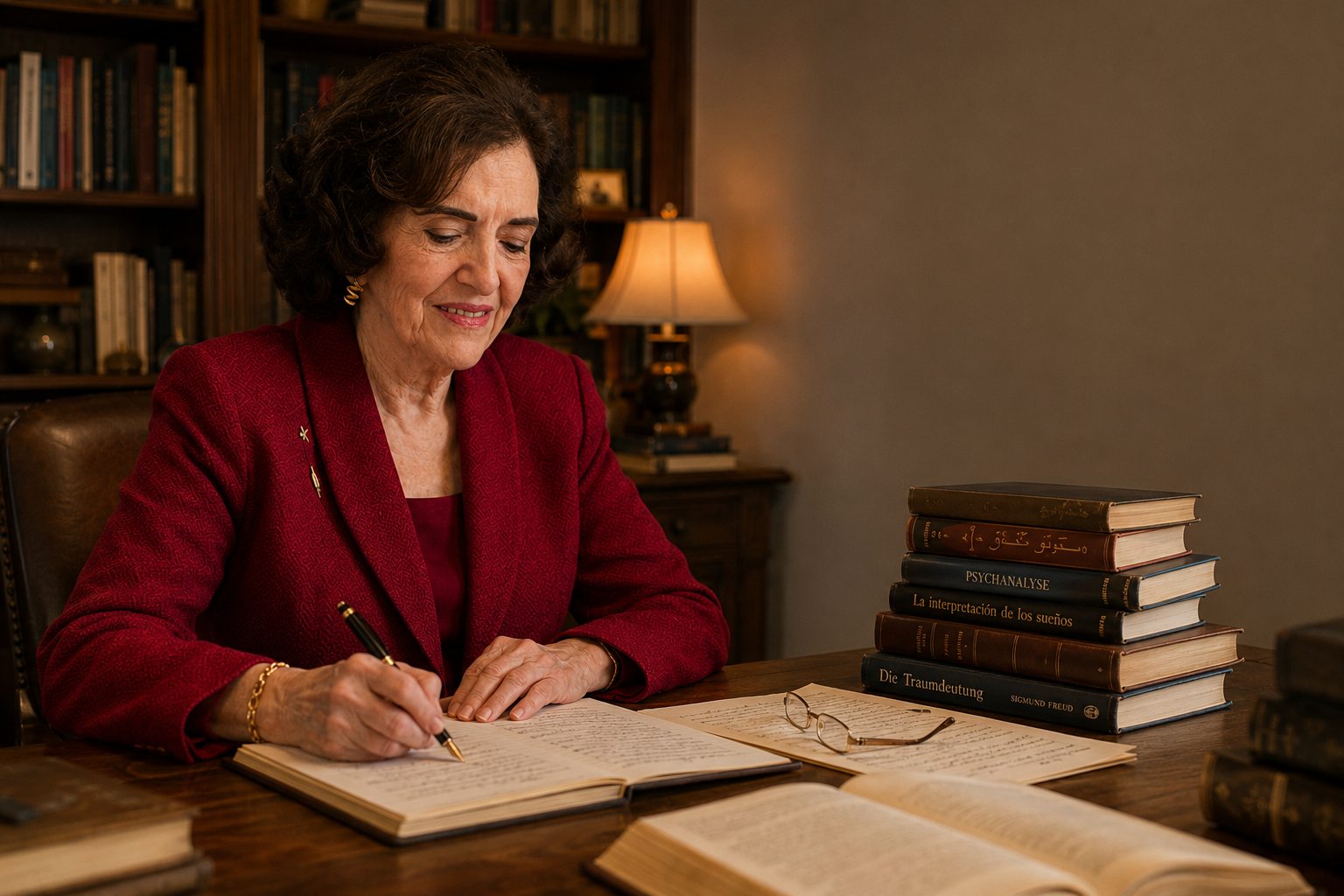 Ana Eugenia Ferreira writing at her desk, books stacked beside her
