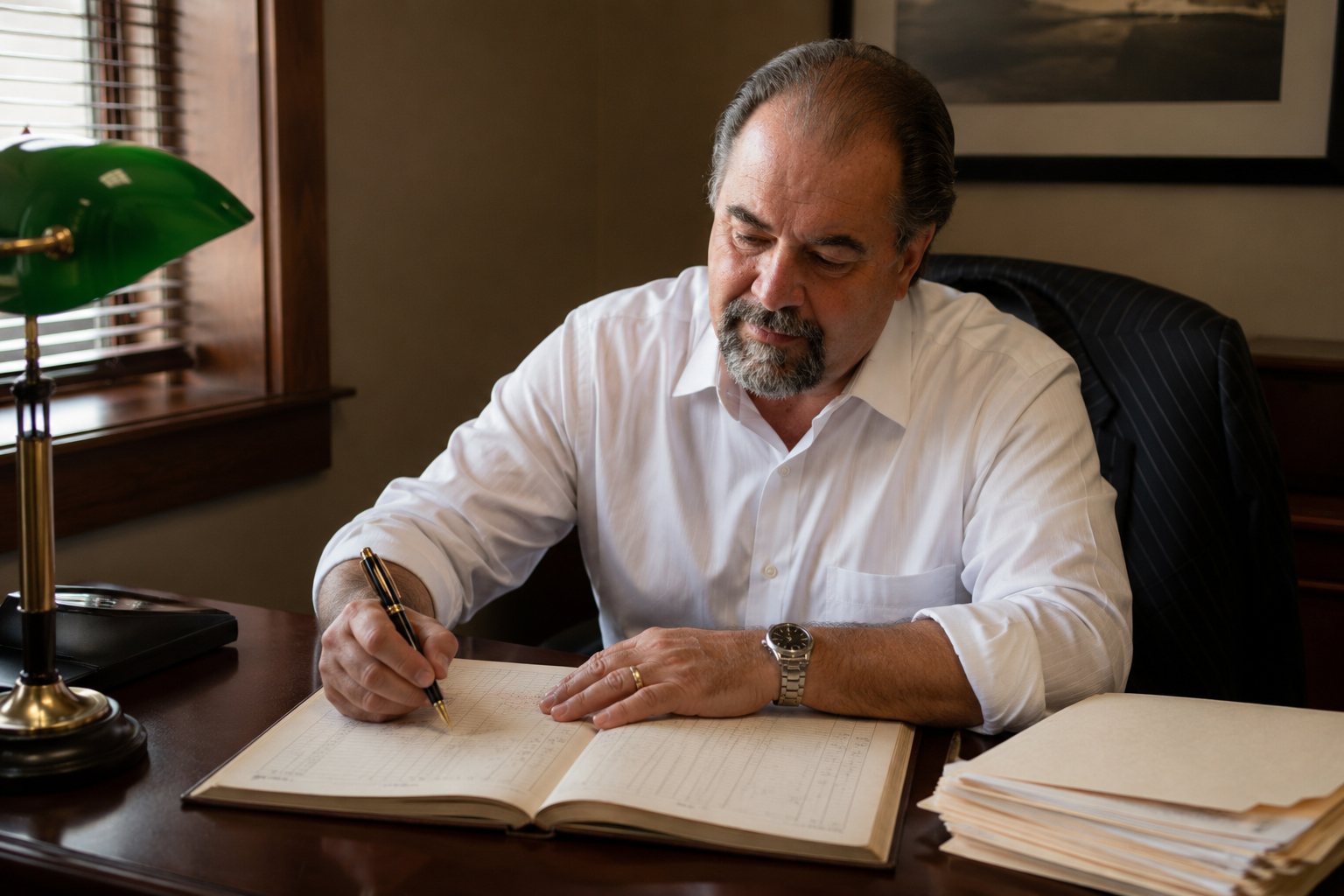 Charles L. Cooper at his desk under a green banker’s lamp, working through an open ruled ledger with a fountain pen.