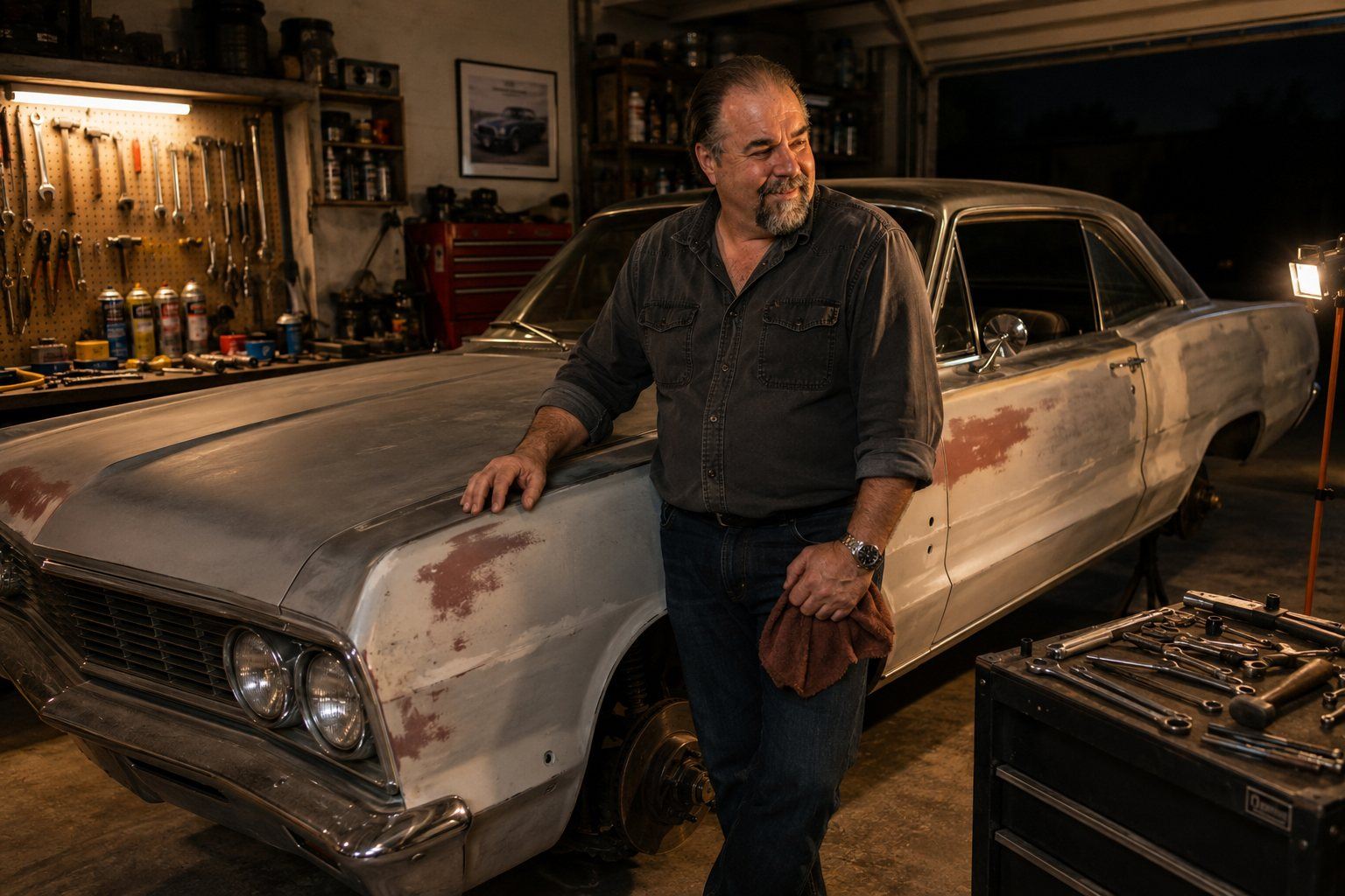Charles L. Cooper in a work shirt leaning on a classic American car mid-restoration in a home garage at night.
