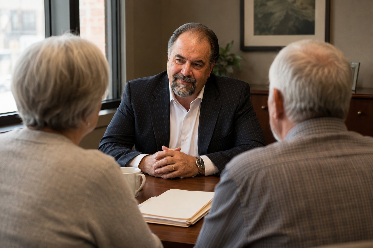 Charles L. Cooper sitting across a table from a couple, listening, hands clasped.