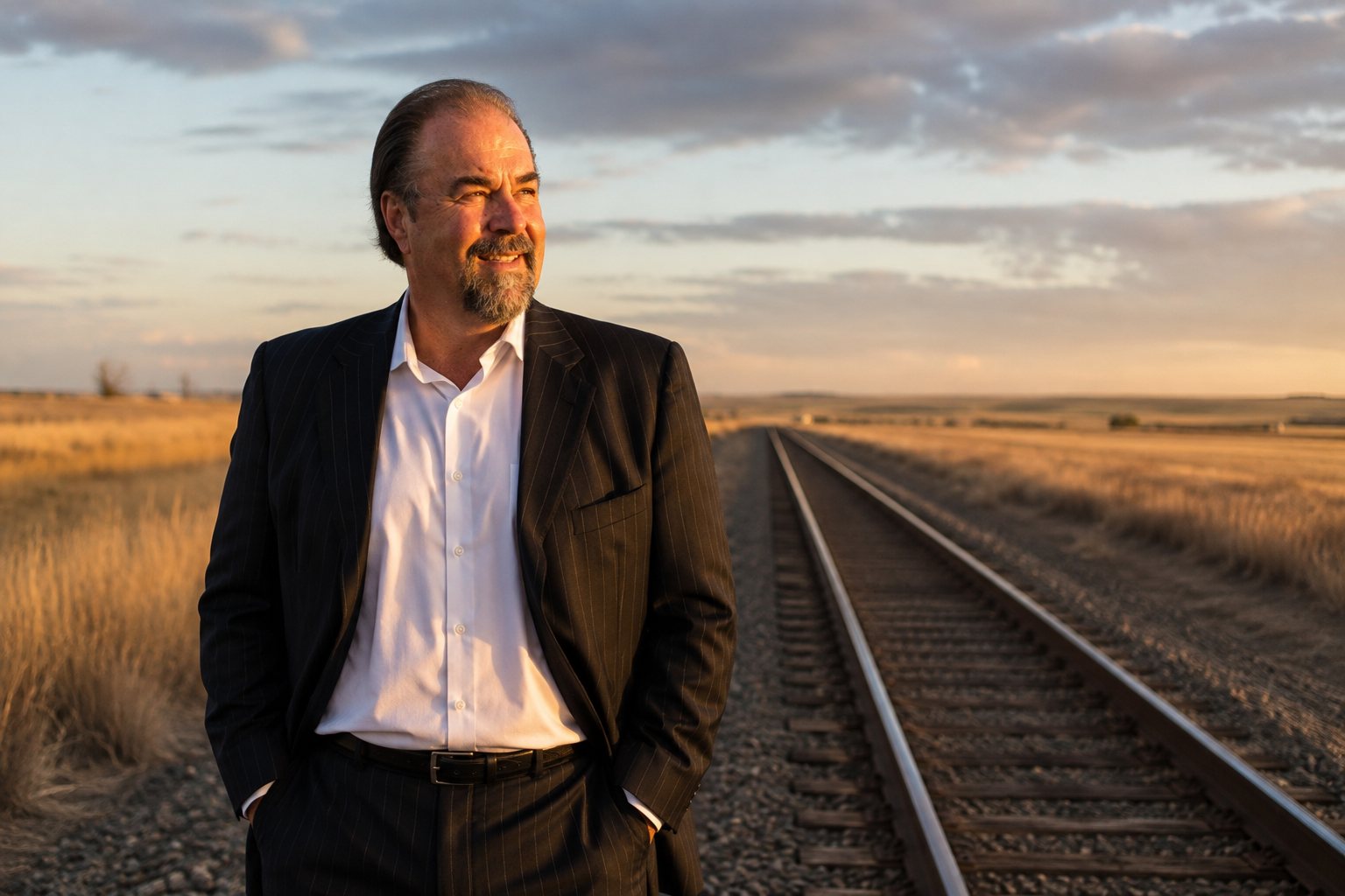 Charles L. Cooper in a charcoal suit standing beside a single-track railway line running away across open prairie at sunset.