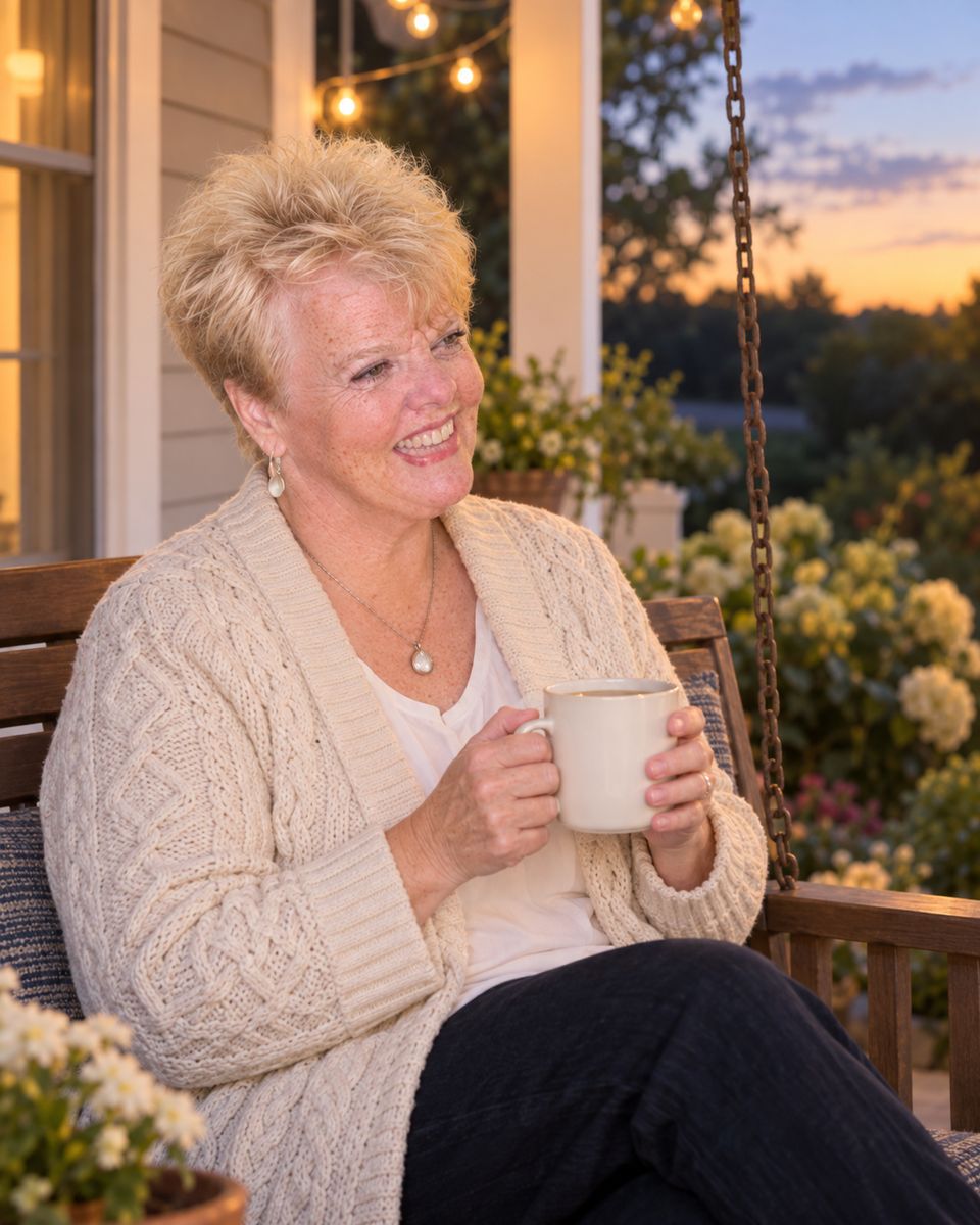 Diane Carbo on a porch swing at dusk with a cup of tea