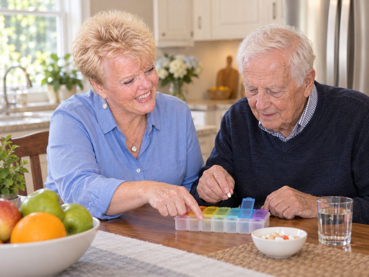 Helping an older man sort his weekly medicines at the kitchen table