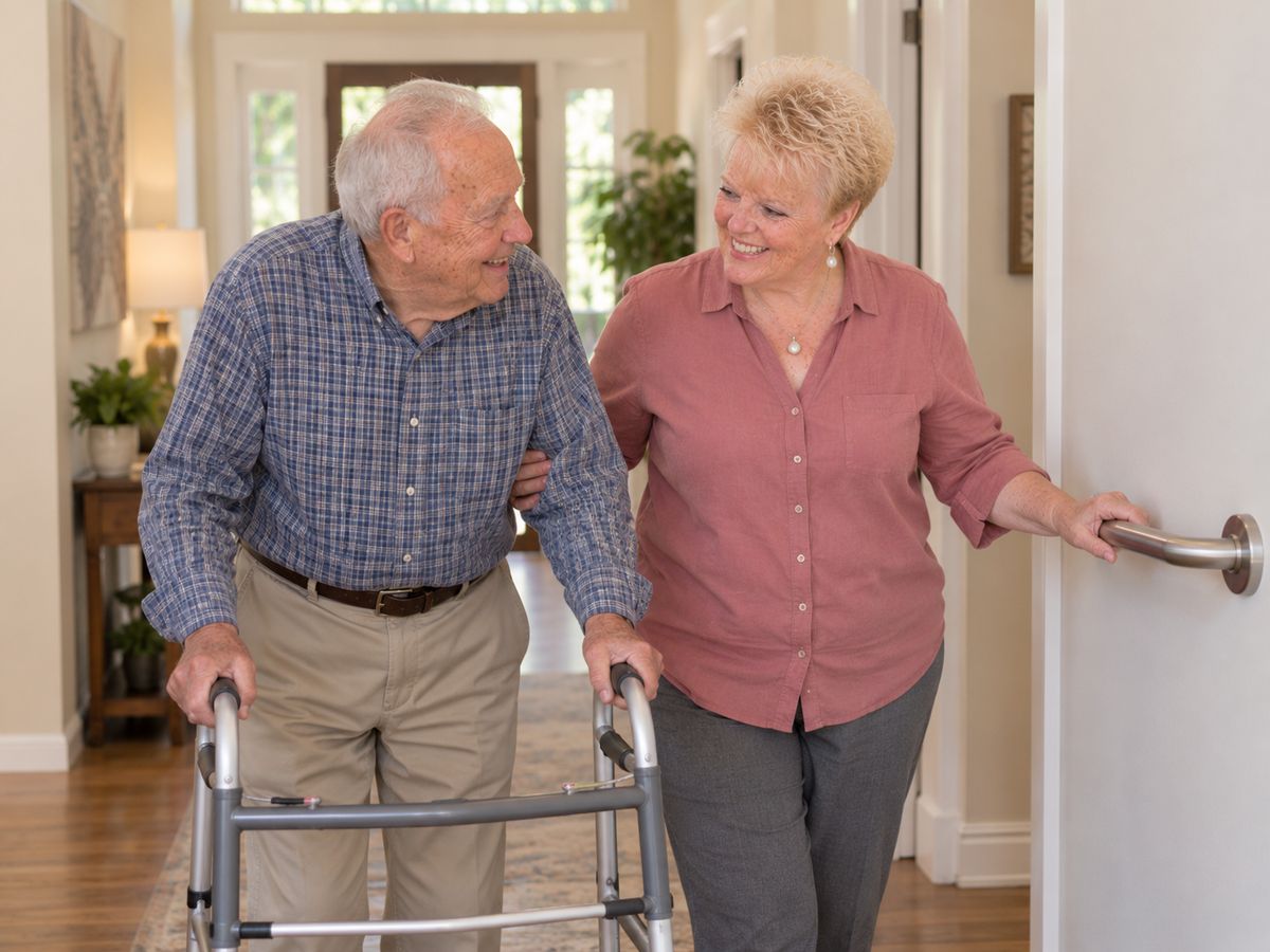 Checking home safety with an older man who uses a walker