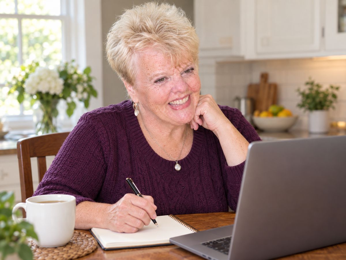 Diane Carbo on a video coaching call at her kitchen table, listening closely