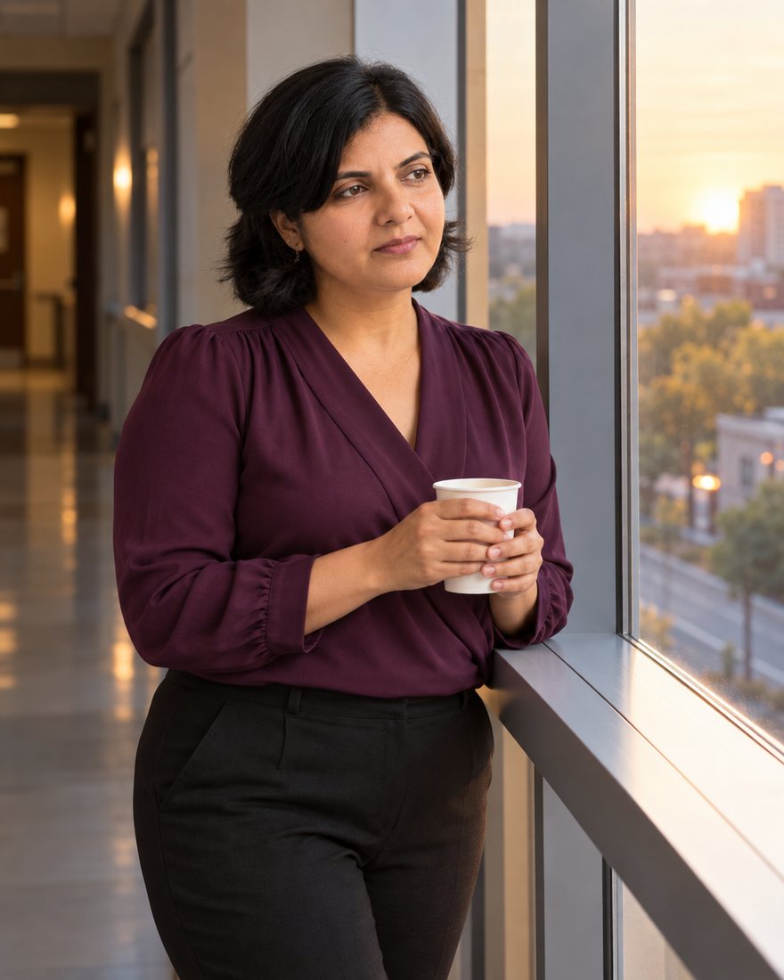 Dr. Desai at a hospital window early in the morning, AI-generated