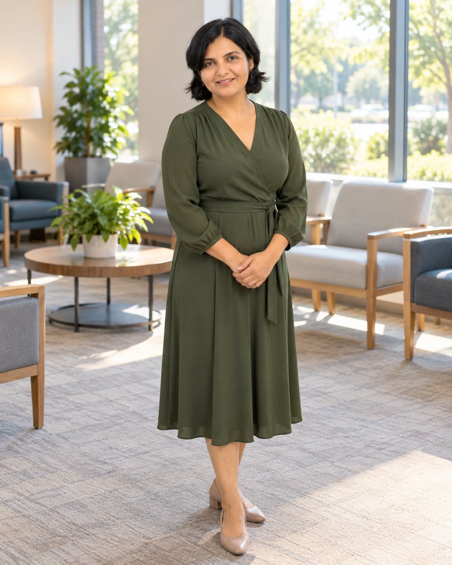Dr. Desai in the waiting area of her medical office, AI-generated