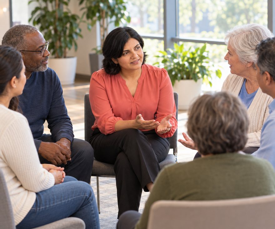 Dr. Desai speaking with a group of patients in a community room, AI-generated