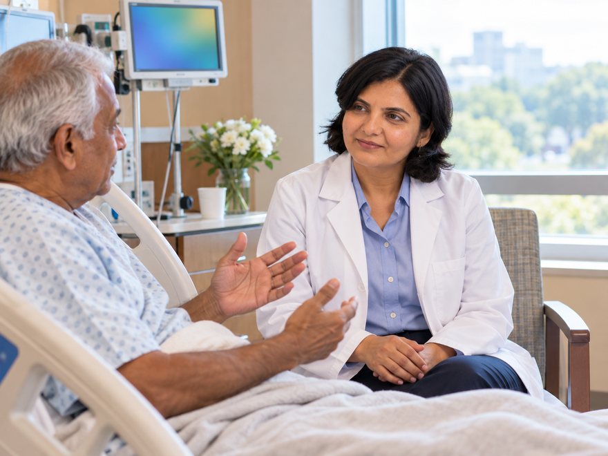 Dr. Desai listening to an older patient at his bedside, AI-generated