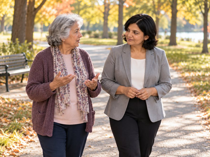 Dr. Desai walking outdoors with a patient, AI-generated