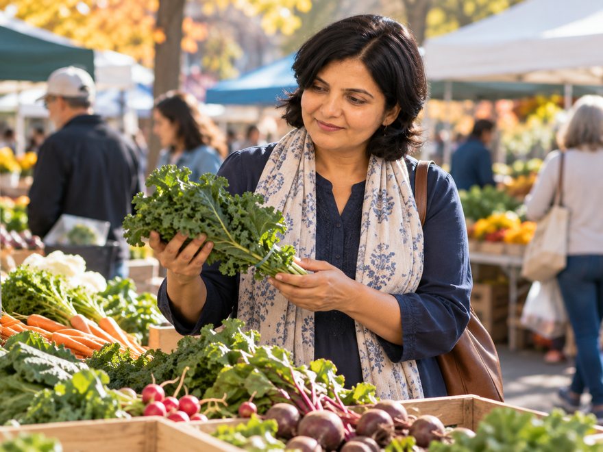 Dr. Desai choosing fresh vegetables at a market, AI-generated