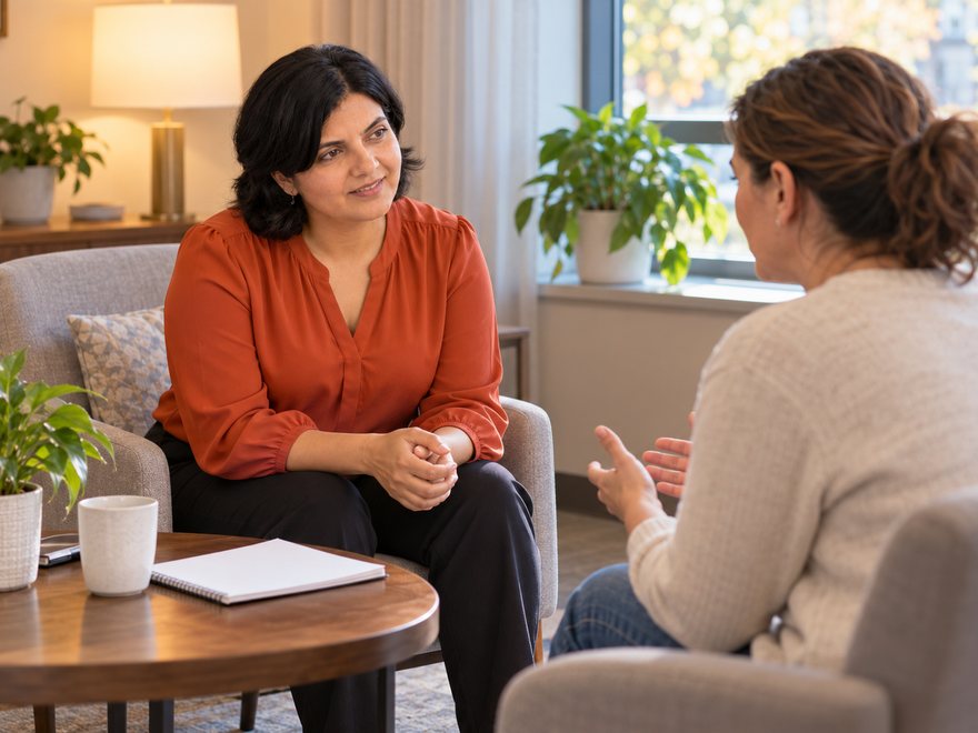 Dr. Desai in conversation with a patient in a consulting room, AI-generated