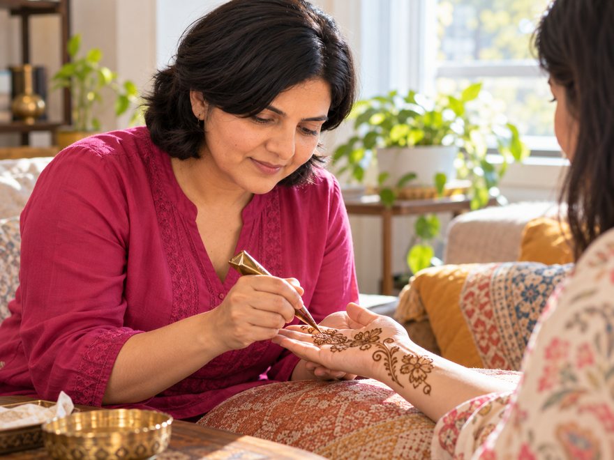 Dr. Desai applying henna at home, AI-generated
