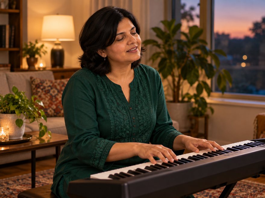 Dr. Desai singing at home with a keyboard, AI-generated
