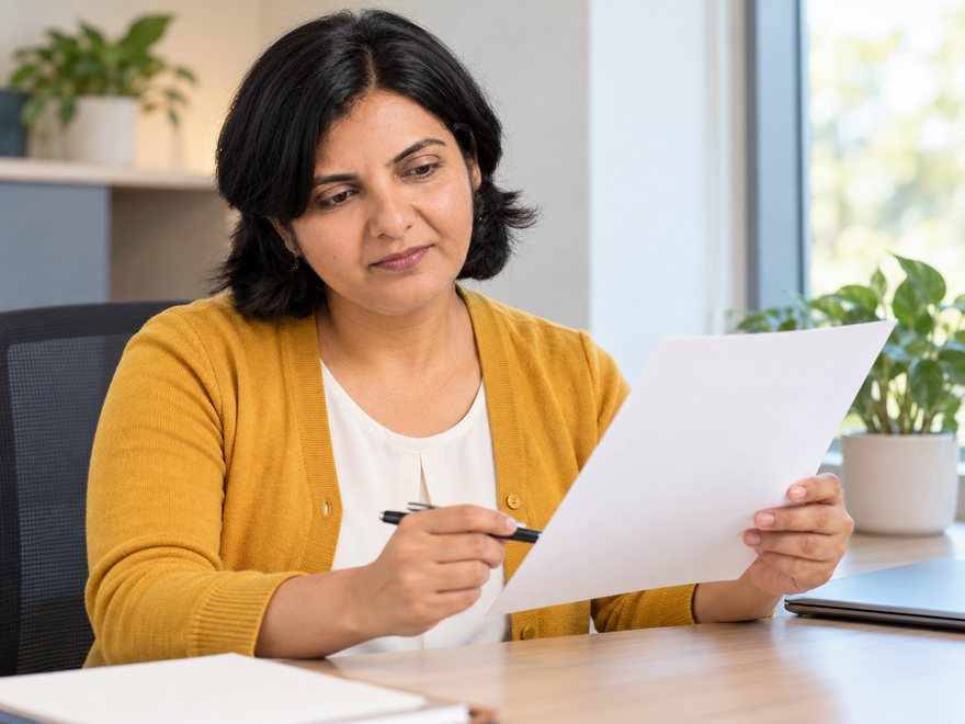 Dr. Desai reviewing printed results at her desk, AI-generated