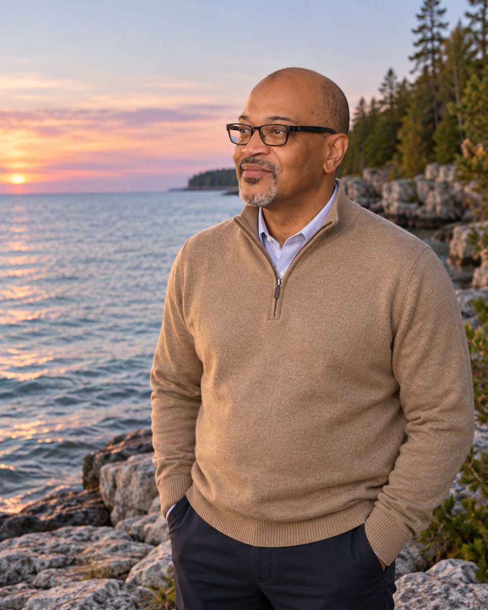 Dr. Massenburg at dusk by the water, looking out