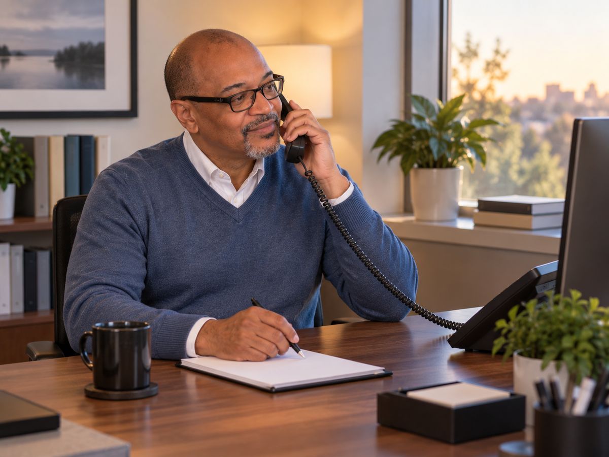 On the phone with a patient in his office