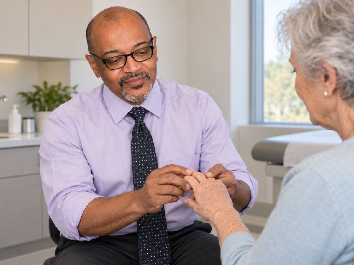 Dr. Massenburg gently examining the finger joints of an older woman