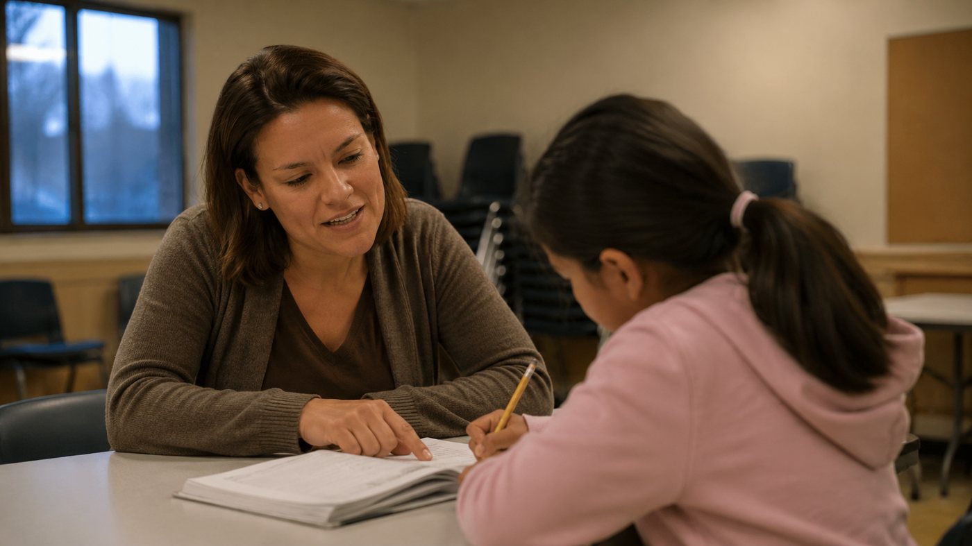 Tutoring a young student at a community centre table