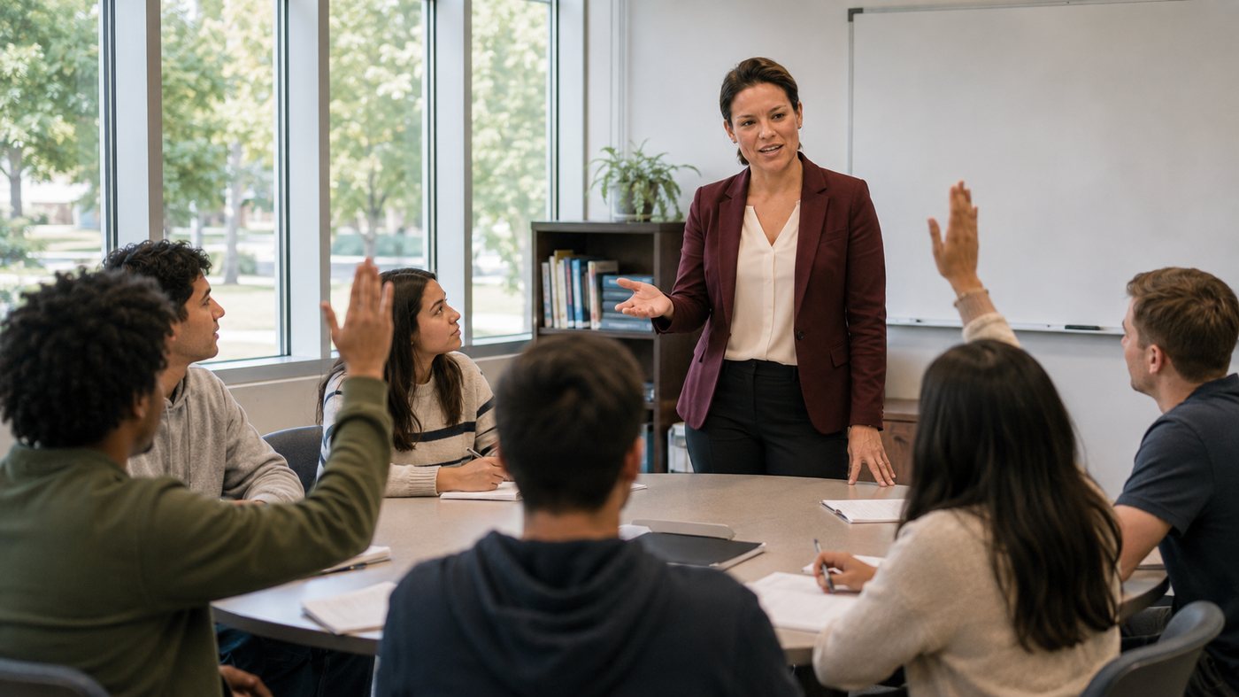 Leading a student leadership session in a campus seminar room