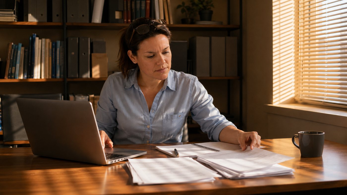Gabriela Torres working at a university office desk